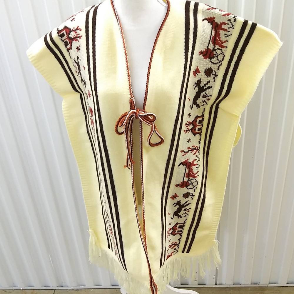 Vtg Hand Woven Wool Poncho Fringe Sweater Folk Horse Print One Size 60's